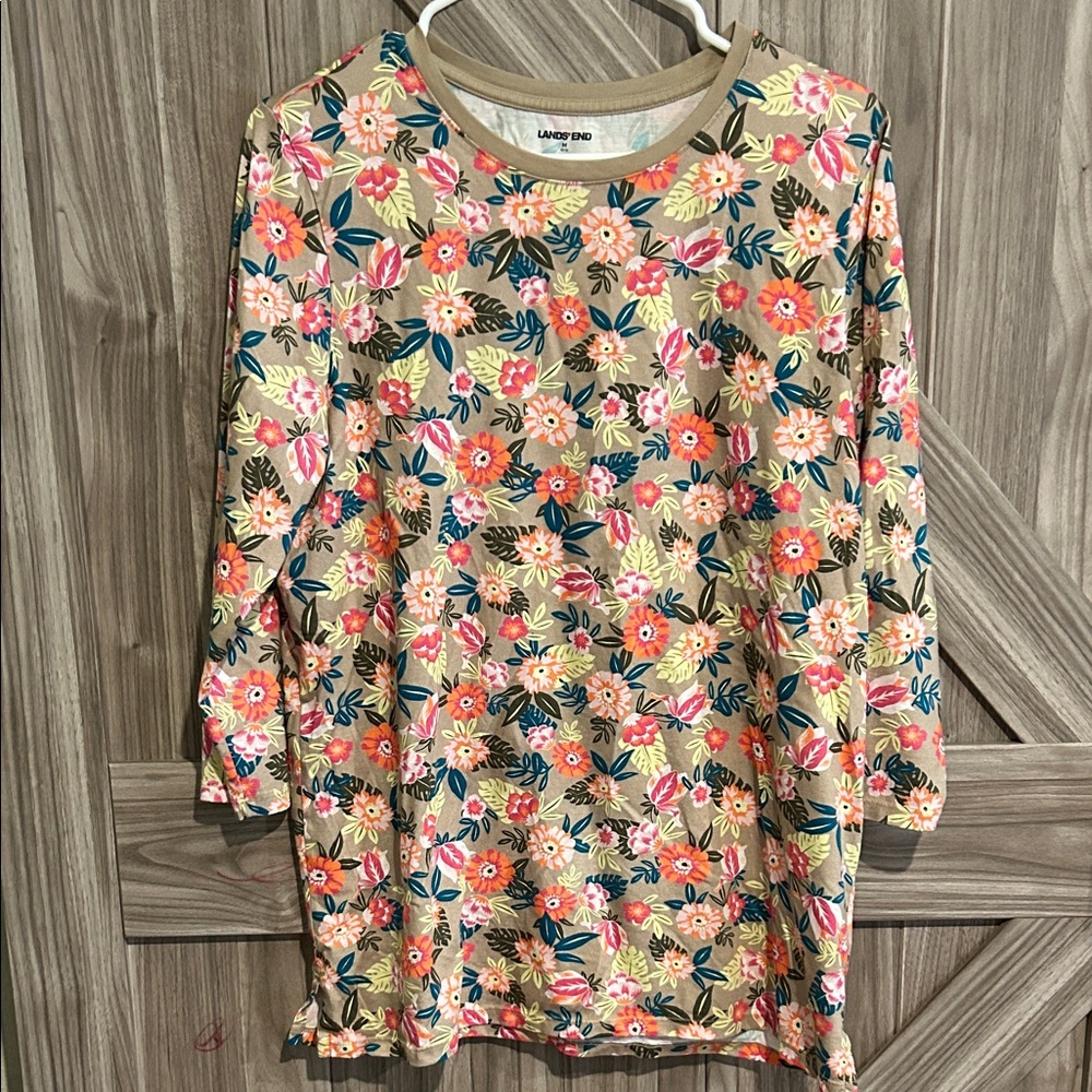 Lands' End Tan Floral Crew Neck Top